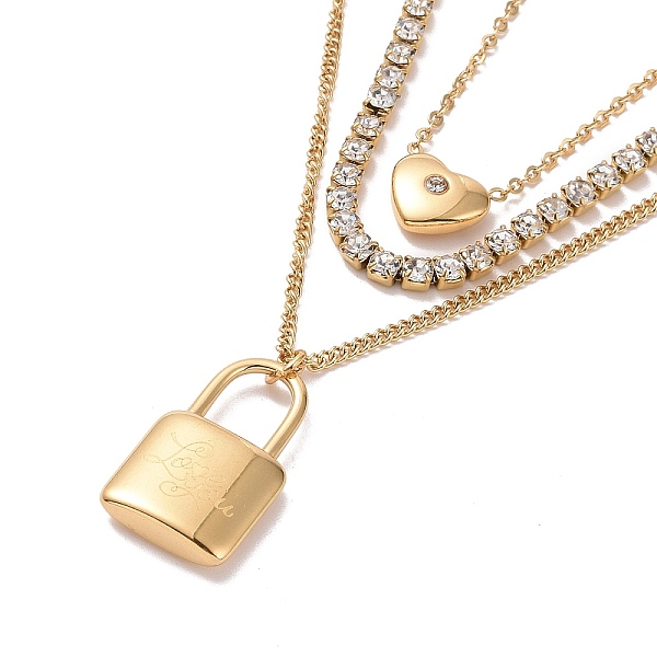 

PandaHall Crystal Rhinestone Heart & Word Love You Padlock Charms Triple Layer Necklace, Ion Plating(IP) 304 Stainless Steel Curb & Cup...