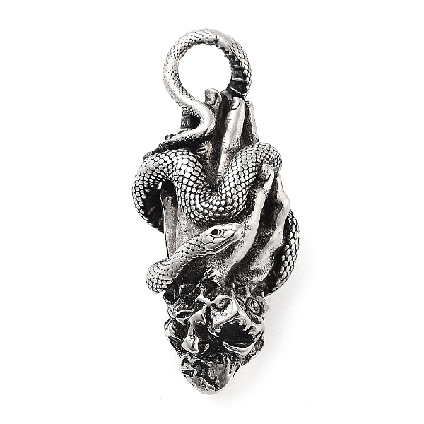

PandaHall 304 Stainless Steel Pendants, Hand with Snake Charm, Antique Silver, 42.5x19x17mm, Hole: 6mm 304 Stainless Steel Snake