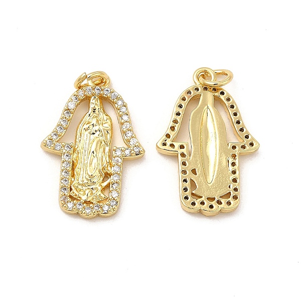 

PandaHall Brass Micro Pave Cubic Zirconia Pendants, with Jump Ring, Hamsa Hand/Hand of Miriam with Saint Charm, Golden, 22.5x15x2.1mm, Hole..., Clear