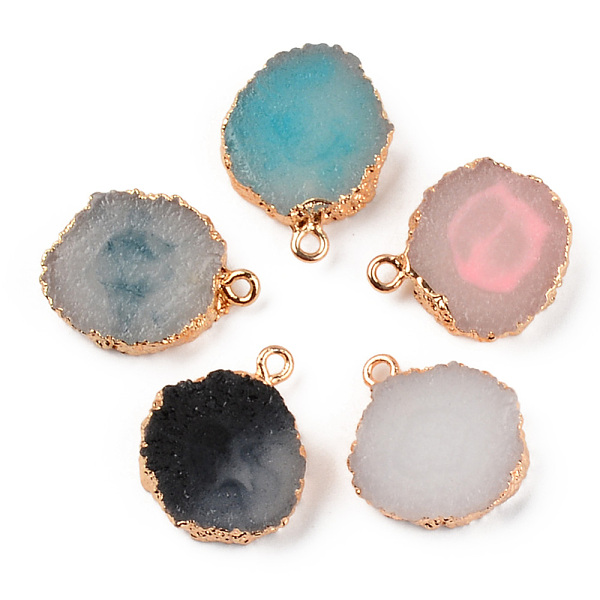 

PandaHall Druzy Resin Pendants, with Edge Light Gold Plated Iron Loops, Flat Round, Mixed Color, 21~23x17~18.5x5.5mm, Hole: 1.8mm Iron+Resin..., Multicolor