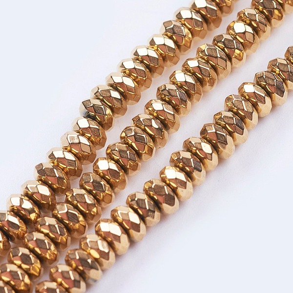 

PandaHall Electroplate Non-magnetic Synthetic Hematite Beads Strands, Faceted, Rondelle, Golden Plated, 4x2.2mm, Hole: 0.8mm, about...