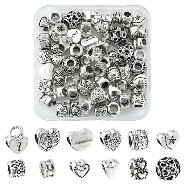 

PandaHall 60Pcs 12 Style Alloy European Beads, Large Hole Beads, Rondelle & Column & Heart, Antique Silver, 7.5~13.5x8~12.5x4.5~10mm, Hole...