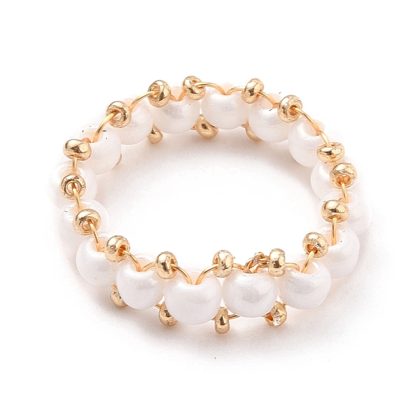 

PandaHall Round Glass Seed Beaded Finger Rings, with Real 18K Gold Plated Copper Wire, White, US Size 10 3/4(20.3mm) Glass White