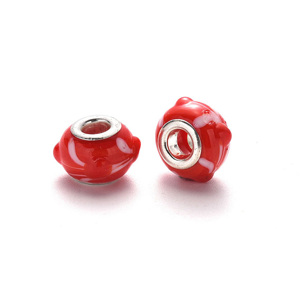 

PandaHall Handmade Lampwork European Beads, Bumpy, Large Hole Rondelle Beads, with Platinum Tone Brass Double Cores, Rondelle, Red...
