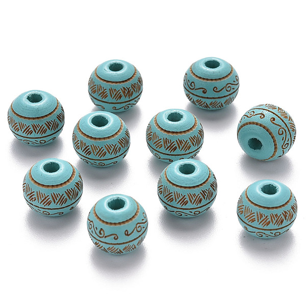 

PandaHall Painted Natural Wood Beads, Laser Engraved Pattern, Round with Leave Pattern, Dark Turquoise, 10x9mm, Hole: 2.5mm Schima Wood..., Cyan