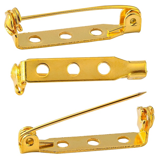 

PandaHall Iron Brooch Findings, Back Bar Pins, Golden, 27mm long, 5mm wide, 7mm thick, hole: about 2mm, Pin: 0.8mm Iron