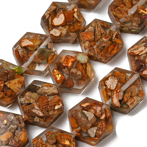 

PandaHall Dyed Natural Imperial Jasper with Resin Beads Strands, Hexagon, Chocolate, 18x16x6mm, Hole: 1.5mm, about 10pcs/strand, 6.93 inch..., Brown