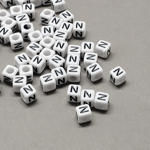 

PandaHall Large Hole Acrylic Letter European Beads, Horizontal Hole, White & Black, Cube with Letter.N, 6x6x6mm, Hole: 4mm, about...
