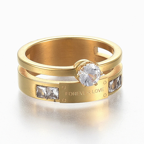 

PandaHall 304 Stainless Steel Wide Band Finger Rings, with Cubic Zirconia, Size 6~9, Golden, 16~19mm Stainless Steel+Cubic Zirconia Clear