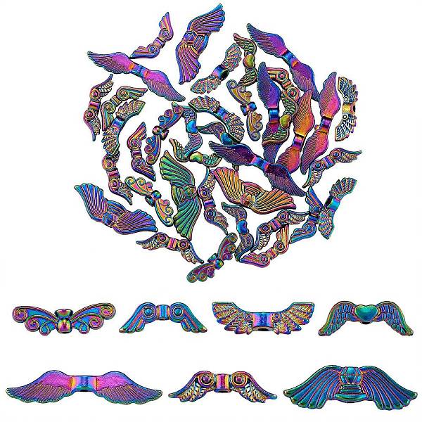 

PandaHall 42Pcs 7 Style Rack Plating Alloy Bead, Wing & Butterfly, Rainbow Color, 6.5~7.5x20~36x3~4.5mm, Hole: 1.2~2mm, 6pcs/style Alloy...