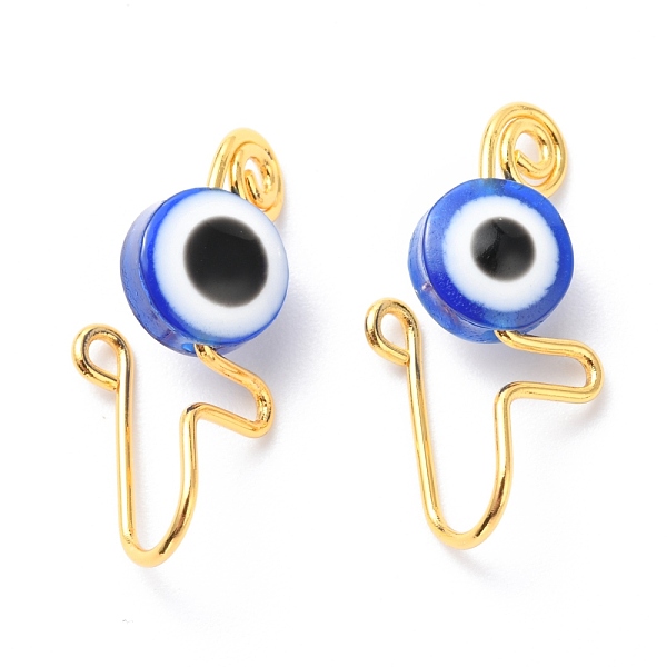 PandaHall Brass Nose Rings, with Evil Eye Resin Beads, Nose Cuff Non Piercing, Clip on Nose Ring for Women Men, Blue, Golden, 22x11x10mm...