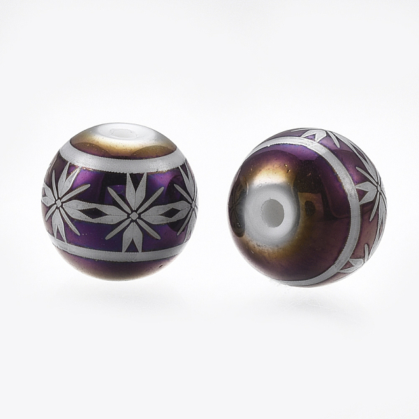 

PandaHall Electroplate Glass Beads, Round with Flower Pattern, Purple, 8mm, Hole: 1mm, 300pcs/bag Glass Flower Purple