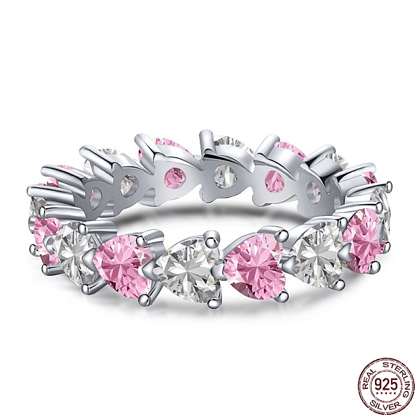 

PandaHall Rhodium Plated 925 Sterling Silver Pave Cubic Zirconia Finger Ring, Stackable Rings for Women, Heart, Real Platinum Plated, Pink...