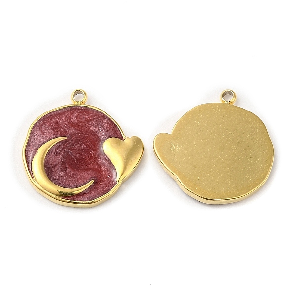 

PandaHall Real 18K Gold Plated 304 Stainless Steel Pendants, with Enamel, Flat Round with Moon & Heart Charm, Dark Red, 17.5x17x2mm, Hole...