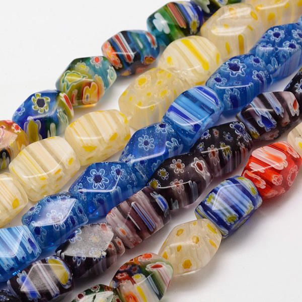 

PandaHall Handmade Millefiori Glass Bead Strands, Faceted, Cuboid, Mixed Color, 13~14x8~10x8~10mm, Hole: 1mm, about 26~27pcs/strand, 14.8..., Multicolor