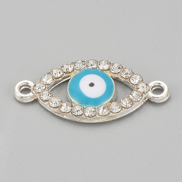

PandaHall Alloy Rhinestone Links Connectors, Cadmium Free & Lead Free, Evil Eye, Sky Blue, Silver Color Plated, 22x10x2mm, Hole: 1mm..., Clear