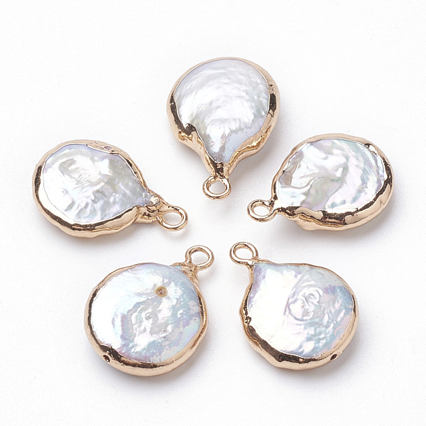 

PandaHall Electroplate Natural Baroque Pearl Keshi Pearl Pendants, Cultured Freshwater Pearl, with Iron Findings, Flat Round, Golden...