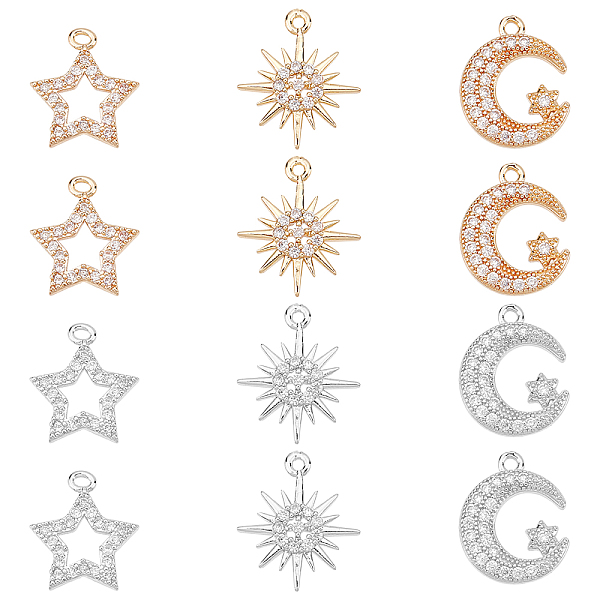 

PandaHall SUPERFINDINGS 12Pcs 3 Styles Cubic Zirconia Pendant Charms 2 Colors Star Moon Jewelry Charms Brass Sun Pendant Moon Dangle..., Clear