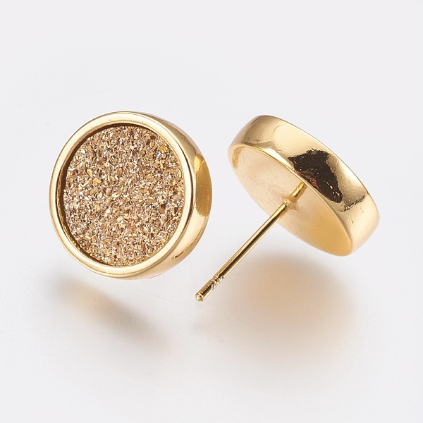 

PandaHall Brass Stud Earrings, with Druzy Resin Cabochon, Flat Round, Golden, Goldenrod, 15.5x14mm, Pin: 0.7mm Resin Gold