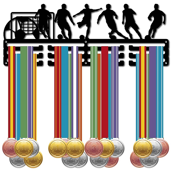 

PandaHall Fashion Iron Medal Hanger Holder Display Wall Rack, 3-Line, with Screws, Black, Football, 150x400mm, Hole: 5mm Iron Football Black