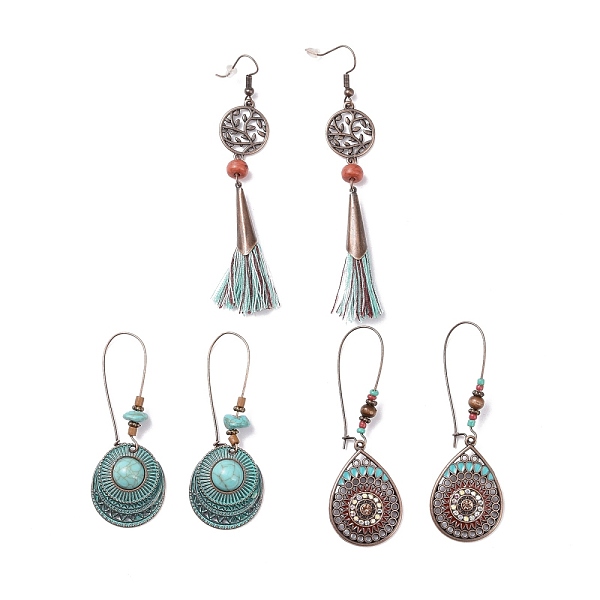 

PandaHall 3 Pairs 3 Style Alloy Flat Round & Oval & Teardrop Dangle Earrings with Synthetic Turquoise, Big Cotton Tassel Drop Earrings with..., Multicolor