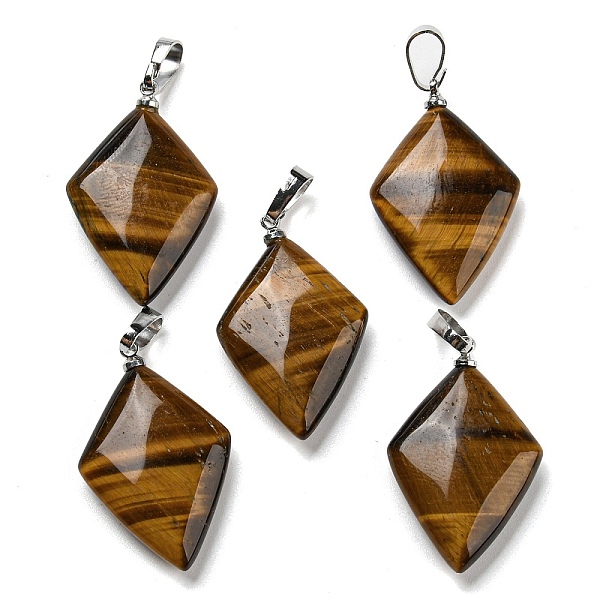 

PandaHall Natural Tiger Eye Pendants, with Platinum Tone Brass Findings, Rhombus Charm, 28~29x17~18x5.5~6mm, Hole: 4x7mm Tiger Eye Rhombus