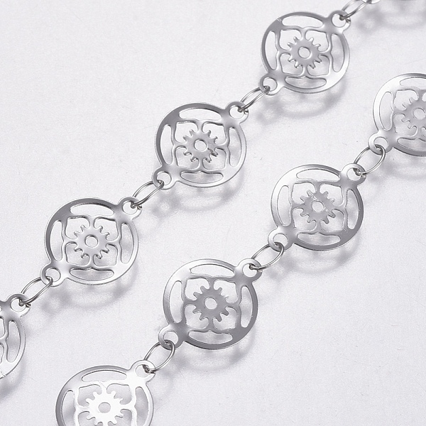 

PandaHall 3.28 Feet 304 Stainless Steel Link Chains, Soldered, Flat Round with Flower, Stainless Steel Color, 11.5x8x0.2mm 304 Stainless...