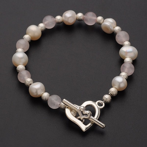 

PandaHall Attractive Natural Gemstone Beaded Bracelets, with Pearl Beads, Brass Beads and Heart Alloy Toggle Clasps, Rose Quartz, 185mm Rose...