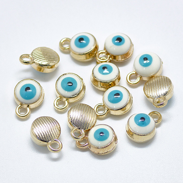 

PandaHall Light Gold Plated Alloy Charms, with Enamel, Flat Round with Evil Eye, White, 10x7x4.5mm, Hole: 1.5mm Alloy+Enamel Evil Eye White