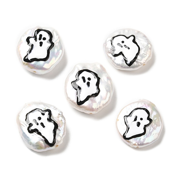 

PandaHall Baroque Style Natural Keshi Pearl Beads, Halloween Theme Beads with Enamel, Flat Round, Seashell Color, Ghost, 17~20x15~17x4~7mm...