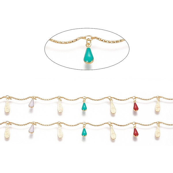 

PandaHall Handmade Brass Bar Link Chains, with Enamel Charms, Soldered, Long-Lasting Plated, Teardrop, Colorful, Colorful, Real 18K Gold...
