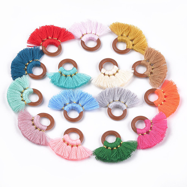 

PandaHall Polycotton(Polyester Cotton) Tassel Pendant Decorations, with Wood Findings, Fan, Mixed Color, 33~35x40~49x4mm, Hole: 11~12mm..., Multicolor