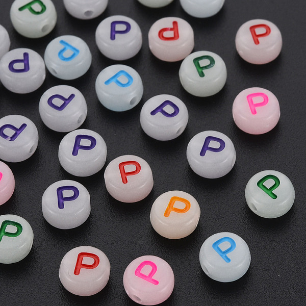 

PandaHall Acrylic Beads, Glow in the Dark, with Enamel and Luminous, Horizontal Hole, Flat Round with Alphabet, Letter.P, 6.5x7x4mm, Hole..., Multicolor