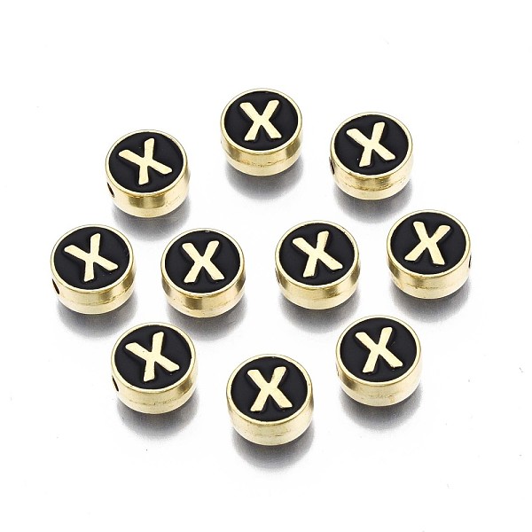 

PandaHall Alloy Enamel Beads, Cadmium Free & Lead Free, Light Gold, Flat Round with Alphabet, Black, Letter.X, 8x4mm, Hole: 1.5mm...