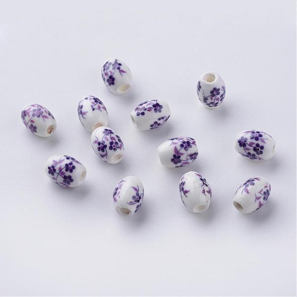 PandaHall Handmade Porcelain Beads, Printed, Oval, White, Purple flower, about 10.5mm long, 8mm wide, hole: 2mm Porcelain Oval Purple