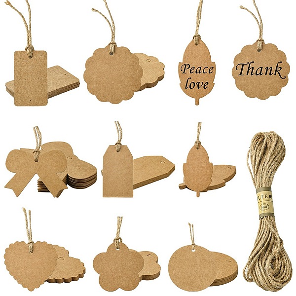 PandaHall 80Pcs 8 Styles Blank Kraft Paper Gift Tags, with Jute Cord, Bowknot & Flower & Leaf, Mixed Shapes, BurlyWood, 40~73x30~65.5x0.5mm...