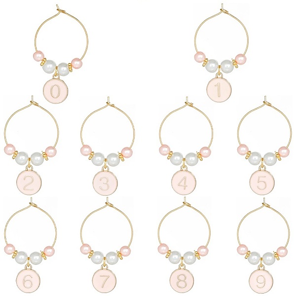 PandaHall Flat Round with Number 0~9 Alloy Enamel Wine Glass Charms, with Brass Hoop Earring Findings and Glass Pearl Bead, Misty Rose, 45mm...