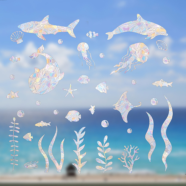 

PandaHall GORGECRAFT 4Pcs Ocean Rainbow Window Clings Sea Glass Stickers Whales Marine Life Jellyfish Windows Suncatchers Decals Prevent..., Clear