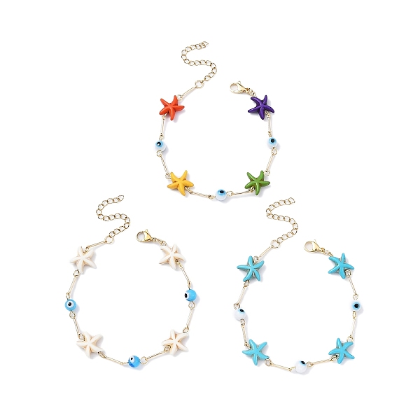 

PandaHall 3Pcs 3 Color Glass Evil Eye & Synthetic Turquoise Starfish Link Chain Bracelets Set, Brass Stackable Bracelets, Mixed Color, 7-1/2..., Multicolor