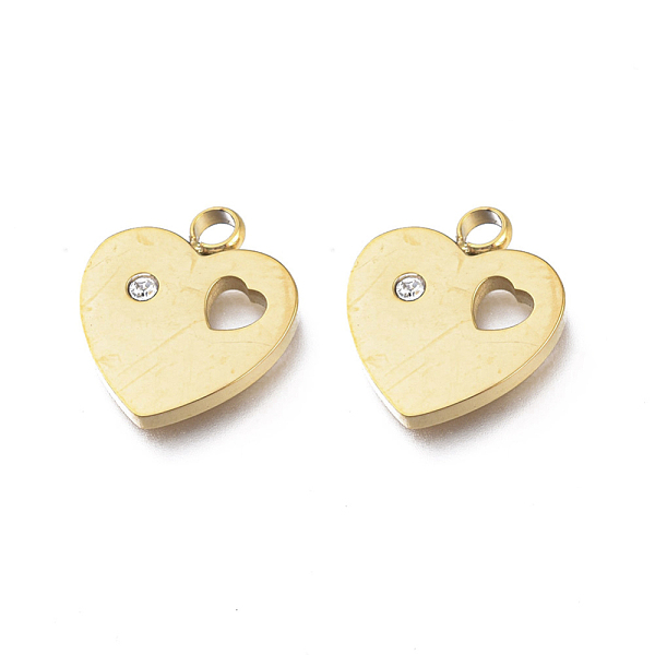 

PandaHall Ion Plating(IP) 304 Stainless Steel Charms, Manual Polishing, with Crystal Rhinestone, Heart, for Valentine's day, Golden..., Clear