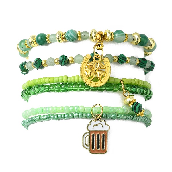 

PandaHall 4Pcs 4 Style Natural & Synthetic Mixed Gemstone & Glass Beaded Stretch Bracelets Set, Alloy Enamel Clover & Cup Charms Stackable..., Green