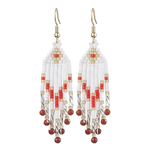 

PandaHall Woven Seed Beads & Natural Red Jasper Tassel Earrings, 304 Stainless Steel Dangle Earring for Women, 70x15mm Red Jasper Red