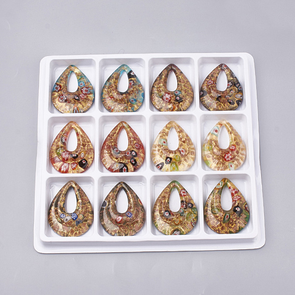 

PandaHall Handmade Gold Sand Lampwork Big Pendants, Inside Millefiori Glass, teardrop, Mixed Color, 52~53x37~38x11~12mm, Hole: 28x12mm, Box..., Multicolor