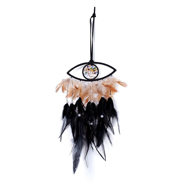 

PandaHall Handmade Eye & Tree of Life Woven Net/Web with Feather Wall Hanging Decoration, with ABS/Glass Beads & Copper Wire, for Home..., Black