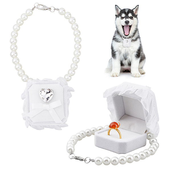 

PandaHall SUPERFINDINGS Pearl Wedding Dog Collar with Ring Box Cat Collar White Velvet Ring Box Wedding Ring Holder with Pet Collar...