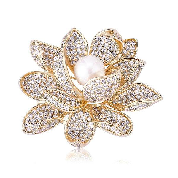 PandaHall Golden Lotus Flower Brooch Clear Zircon Brooch Pin White Beads Brooches Badge Jewelry for Jackets Backpack Corsage Lapel Scarf...