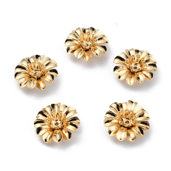 

PandaHall Brass Bead Caps, Multi-Petal Flower, Real 24K Gold Plated, 14x5mm, Hole: 0.9mm Brass