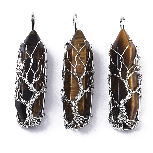 

PandaHall Natural Tiger Eye Big Wire Wrapped Pendants, with Brass Wires, prismatic with Tree of Life, Platinum, 48~62x14~17x13~18mm, Hole...