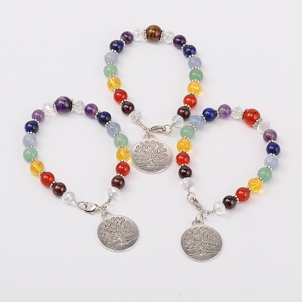 

PandaHall Multi-Color Gemstone Chakra Charm Bracelets, with Tibetan Style Tree of Life Pendant, Glass Beads, Tibetan Style Spacers and Brass..., Multicolor