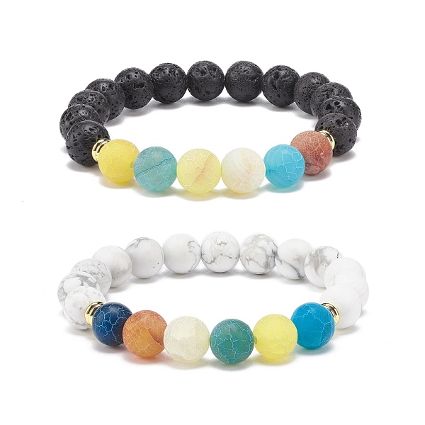 

PandaHall 2Pcs 2 Style Natural Weathered Agate(Dyed) & Lava Rock & Synthetic Howlite Round Beaded Stretch Bracelets Set, Essential Oil...